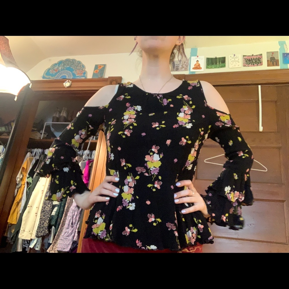 Open shoulder black floral top
